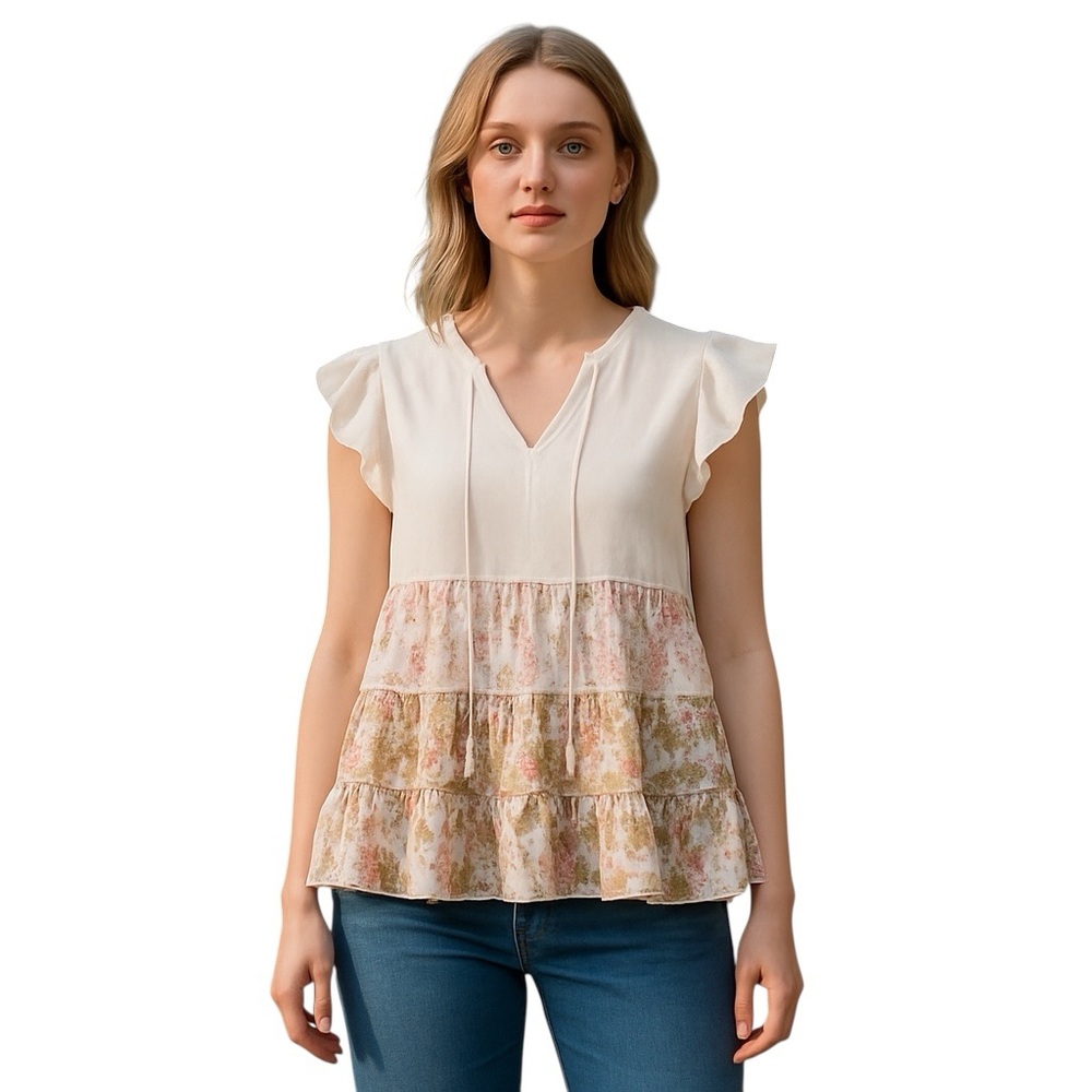 Cato Floral Ruffle Flutter Cap Sleeve V Neck Boho Tiered Top Blouse XL